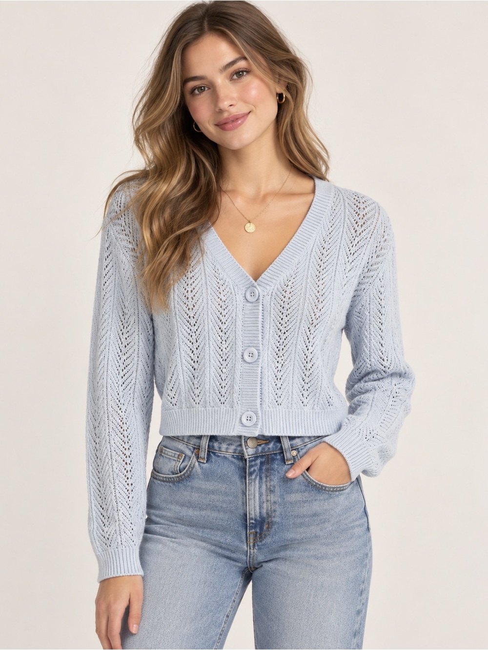 Hollister Light Blue Cropped Pointelle V-Neck Cardigan